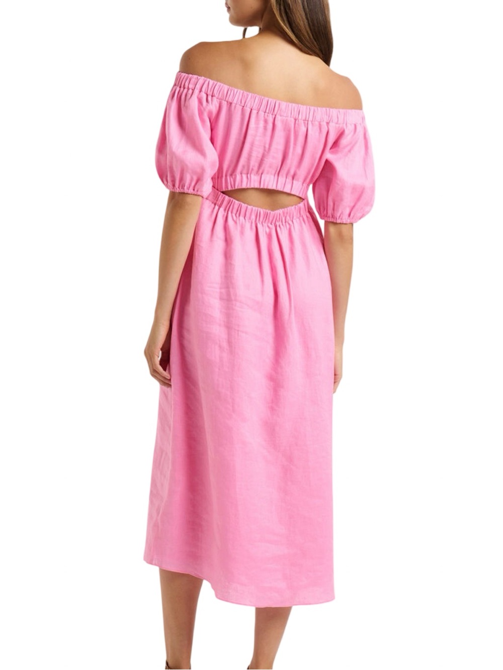 Ever New Milan 100% Linen Bright Pink Bardot Midi Dress | Off-Shoulder Open Back - Picture 7 of 13